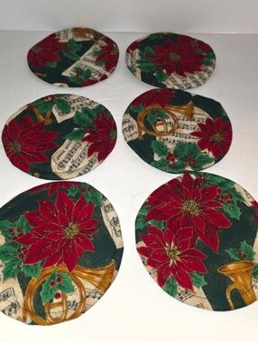 6 Vintage  Fabric Quilted Handmade POINSETTIA Coasters Lot Of 6